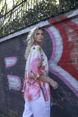 Abstract Watercolour-Style Print Asymmetrical Hemline Cotton Top