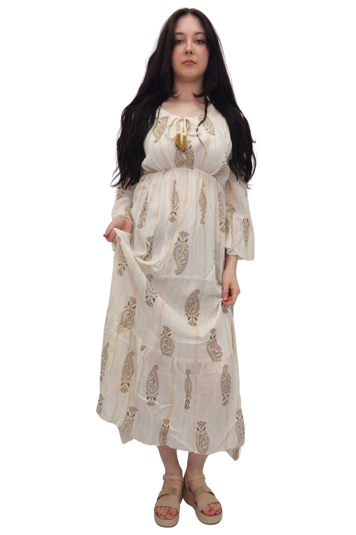 Paisley Print Round Neckline with Keyhole Tassel String Dress