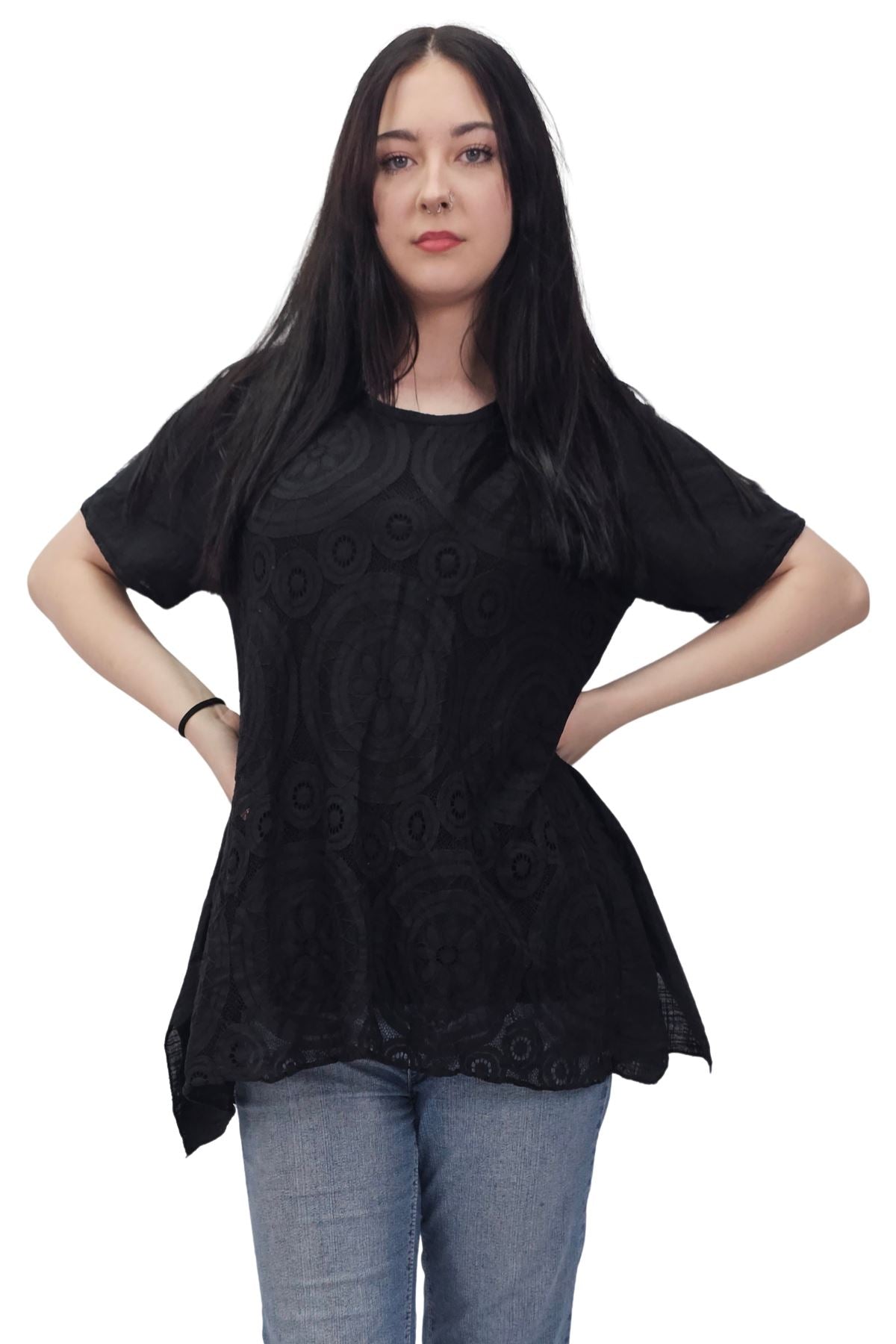 Circular Geometric Pattern Side Slit Cotton Top