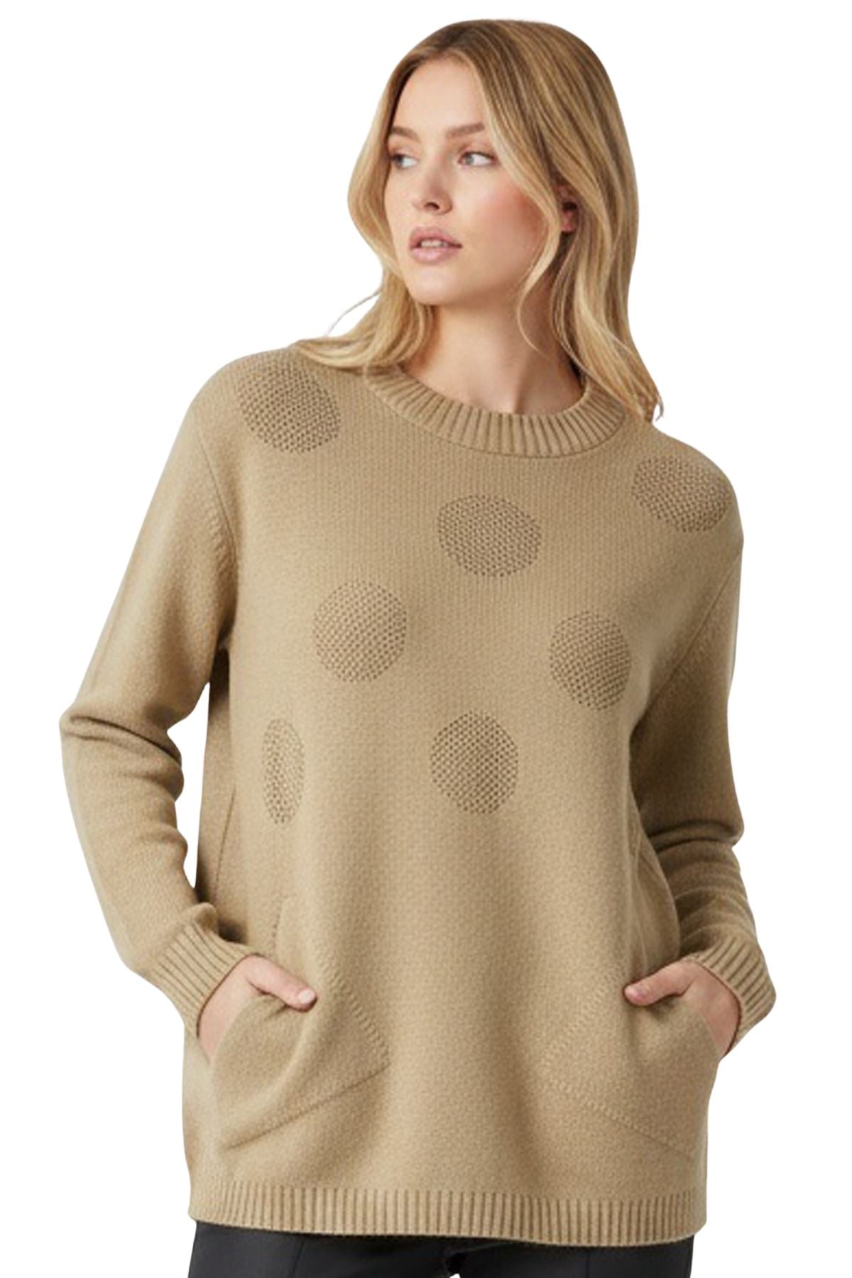 Polka Dot Knit Pattern Front Two Pockets Tunic Top