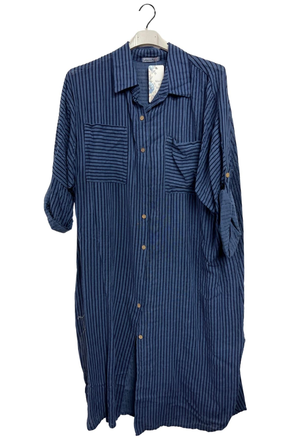 Vertical Pinstripes Print Two Chest Patch Pockets Cotton Dress