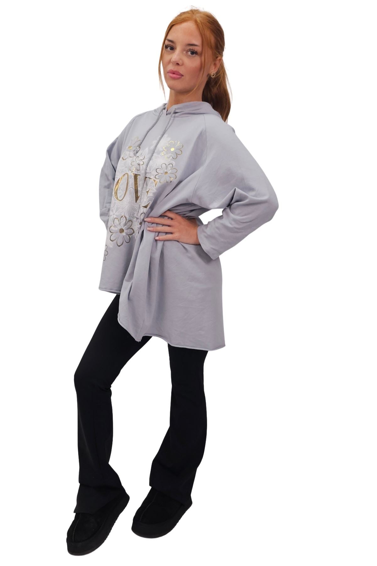 Love Flower Foil Print String Hoody High Low Hem Cotton Hoodie