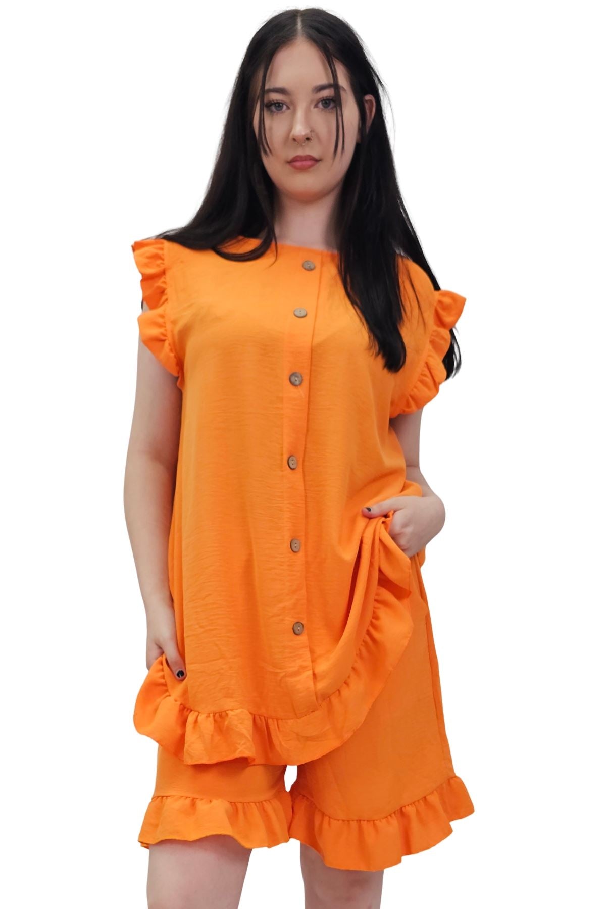 Plain Sleeveless Ruffle-Trimmed Co-Ord Set