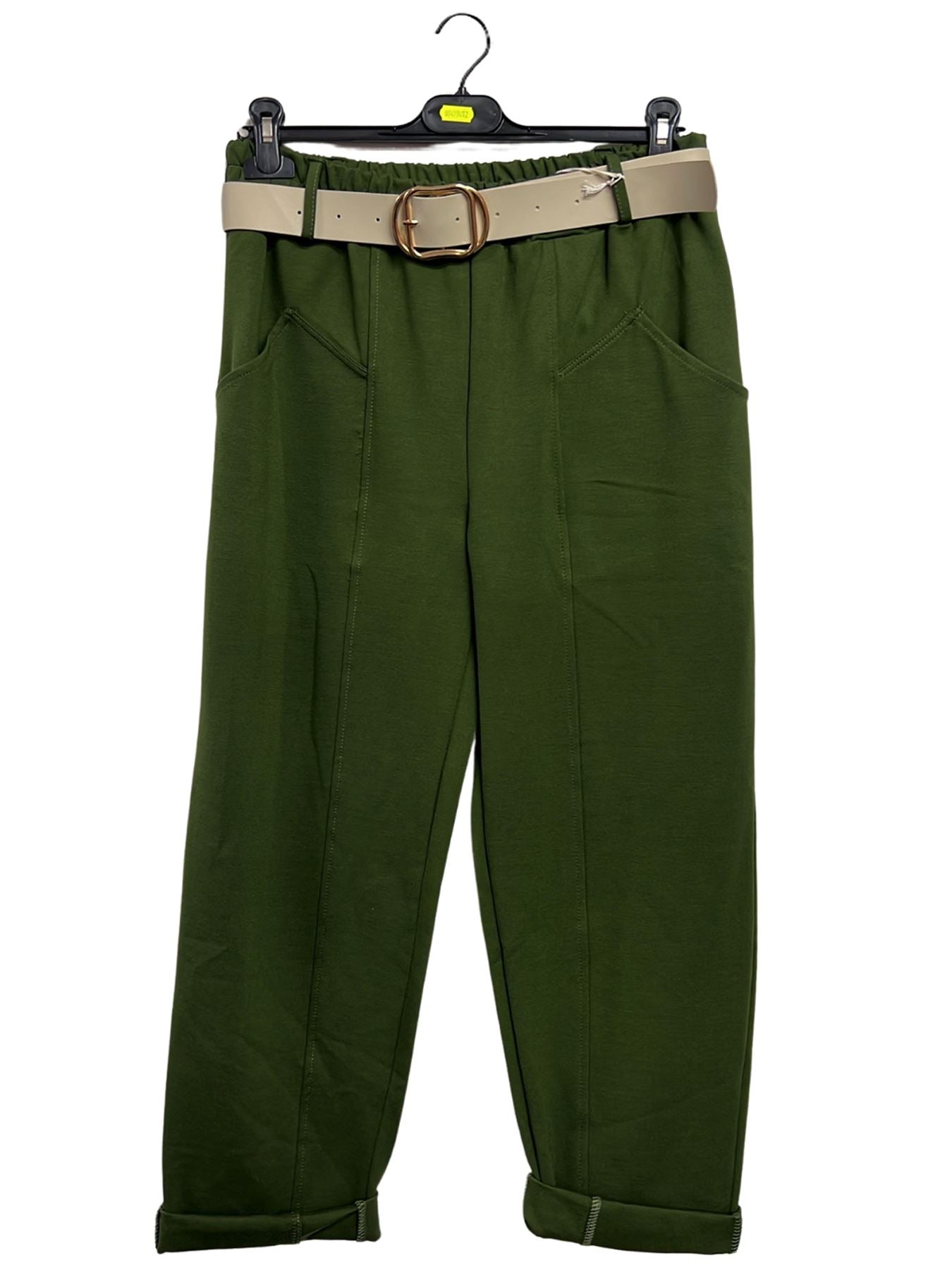 Plain Front Pockets Belted Pants