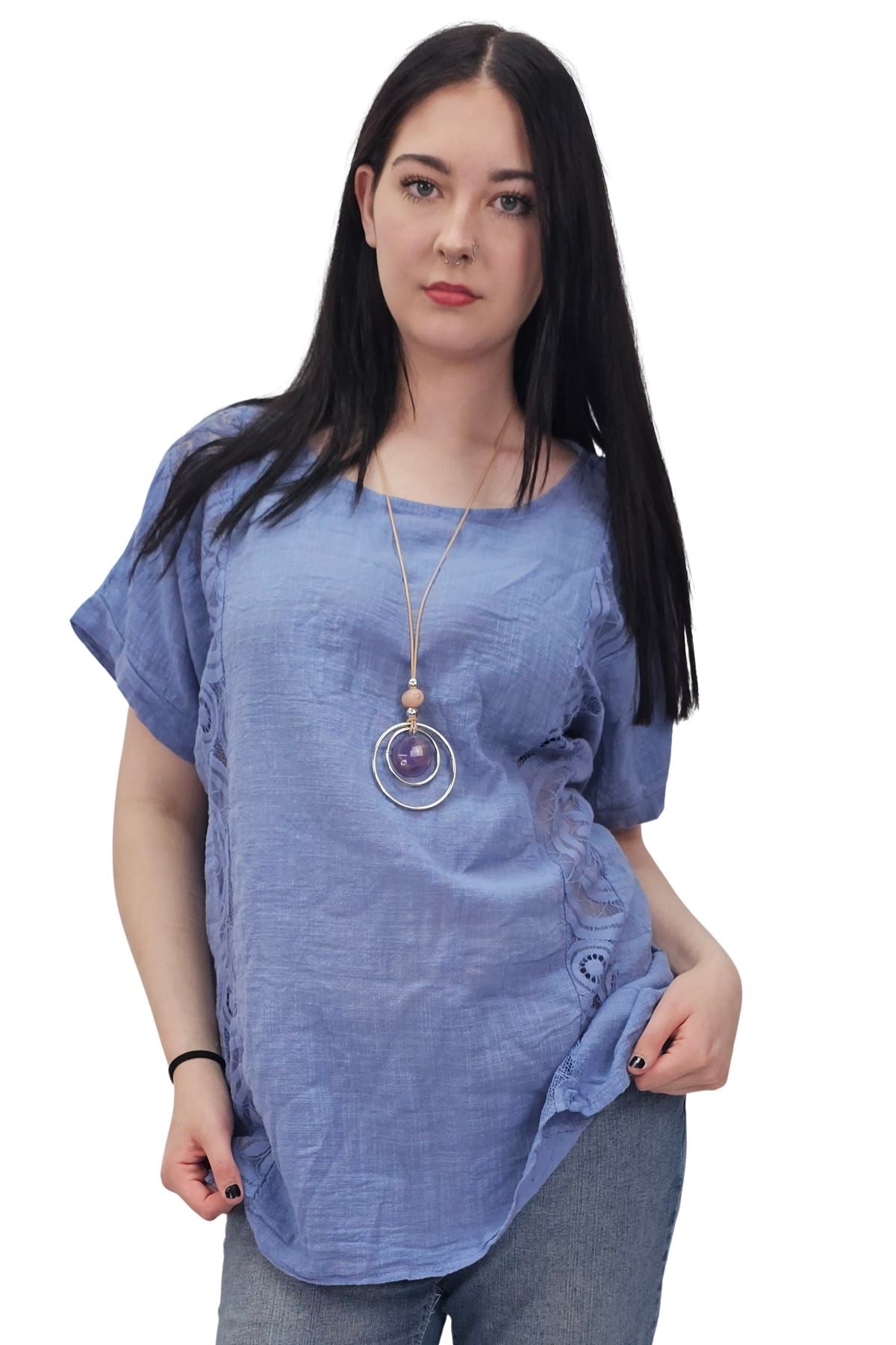 Plain Textured Side Panel Necklace Cotton Top