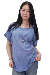 Plain Textured Side Panel Necklace Cotton Top