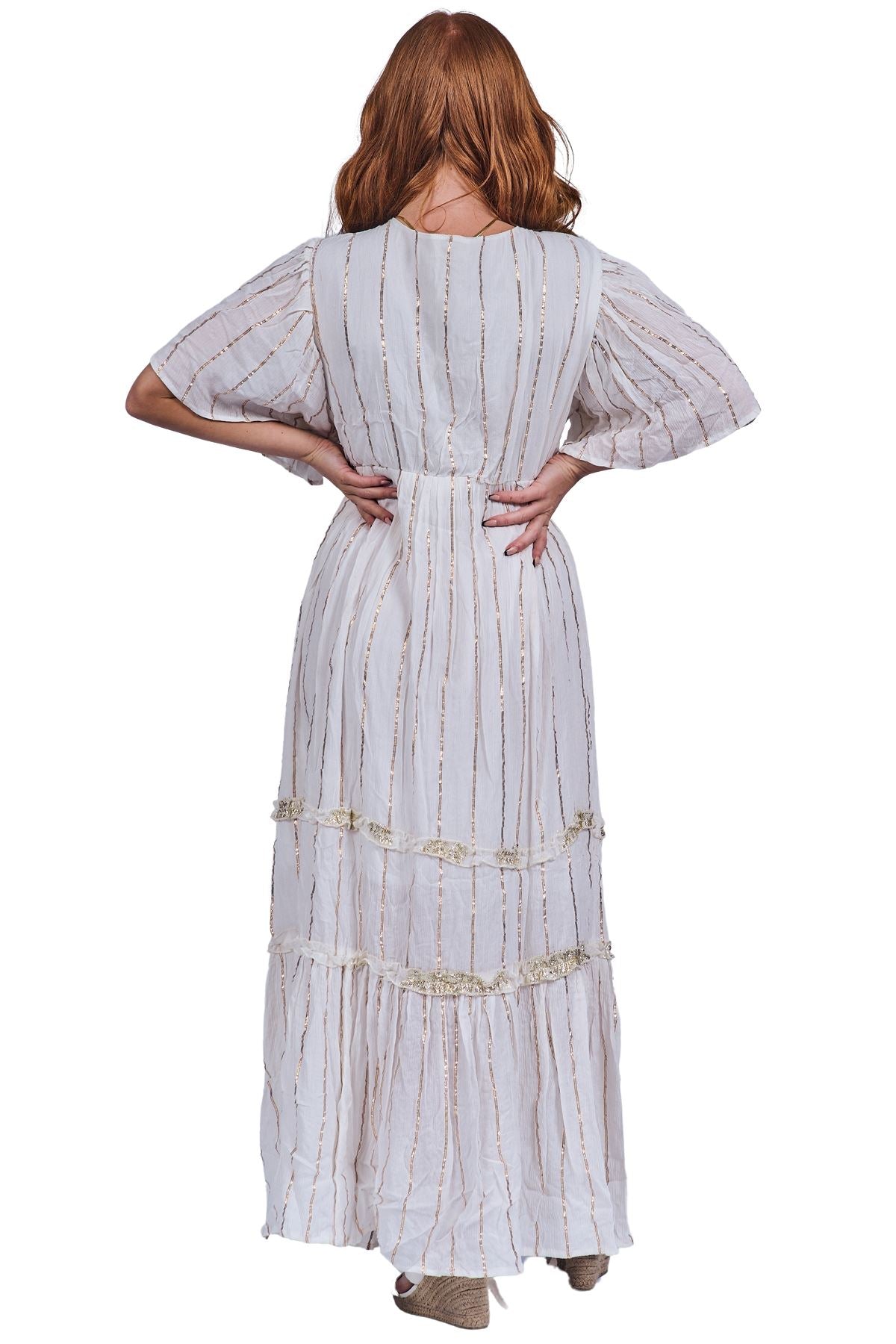Vertical Metallic Stripe Detailing Pattern Bohemian Chic Dress