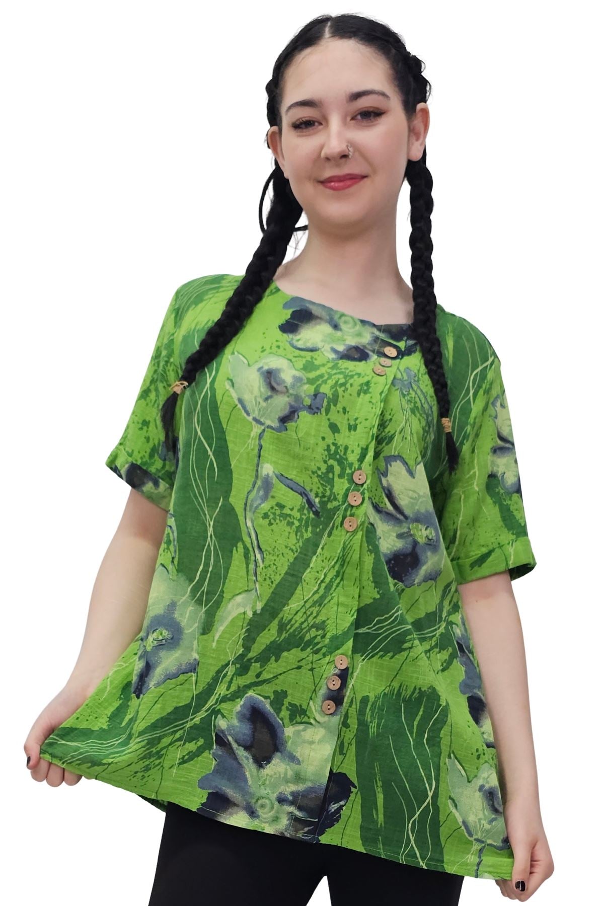 Artistic Floral Button Detail On The Front Cotton Top