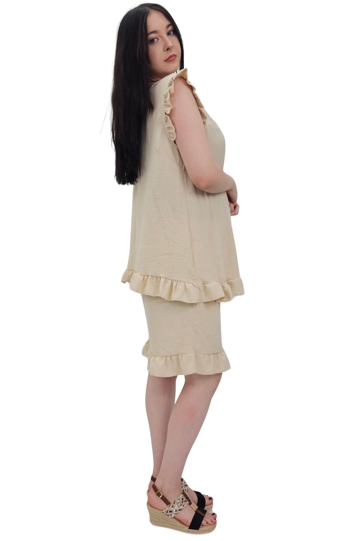Plain Sleeveless Ruffle-Trimmed Co-Ord Set