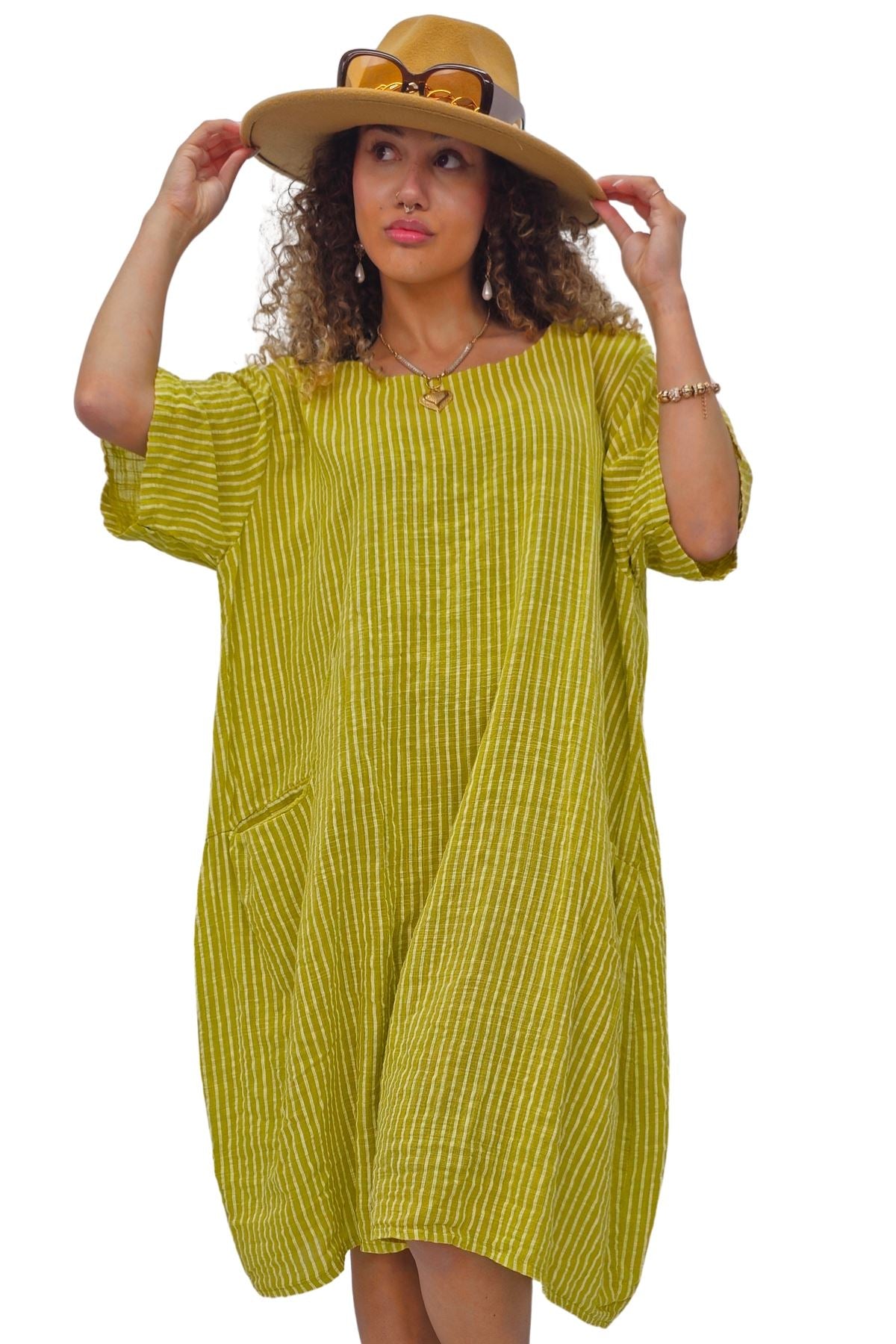 Vertical Stripes Print Two Side Pockets Cotton Dress