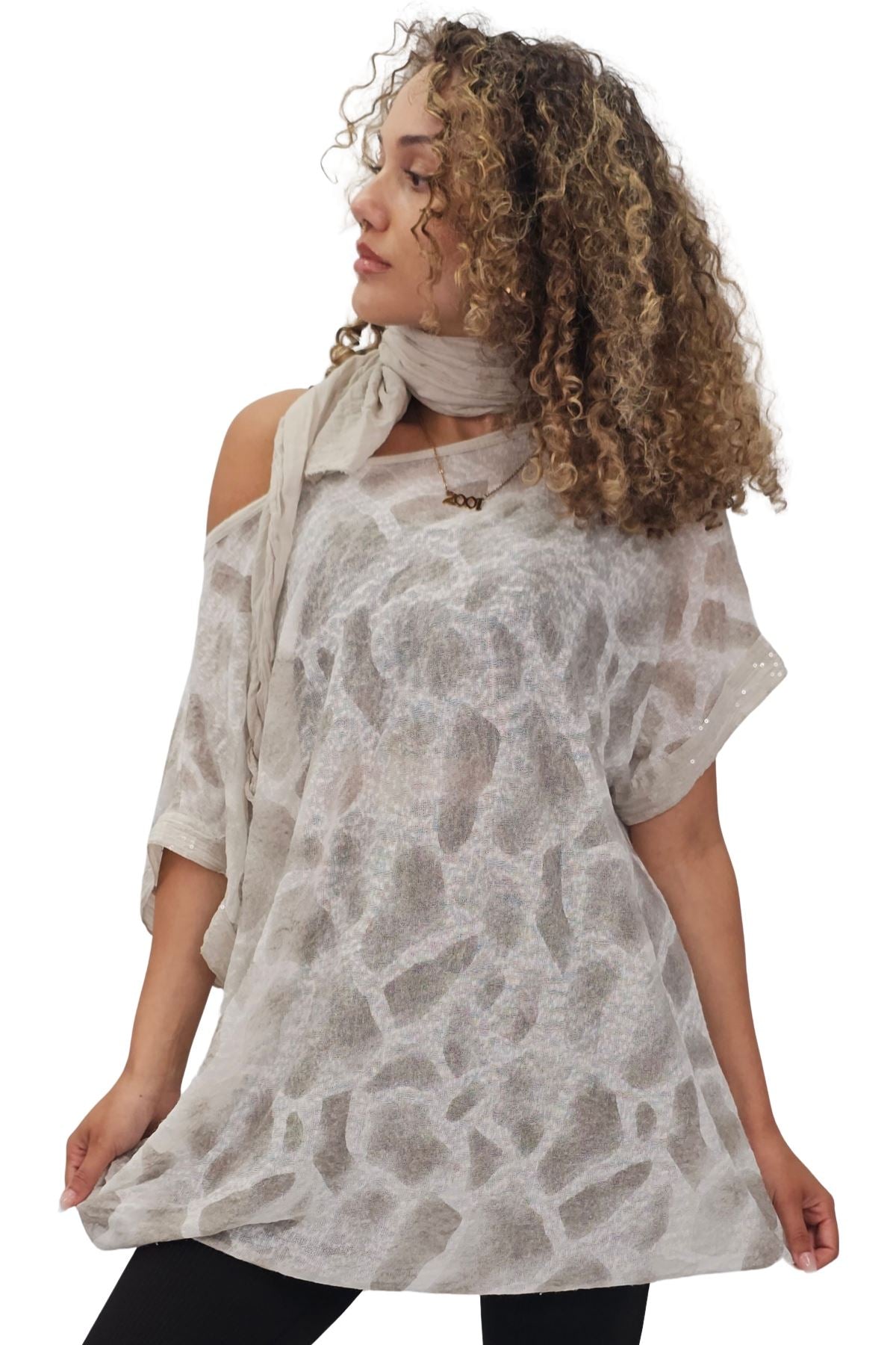 Giraffe Print Sequin Detail Hem With Scarf Box Top