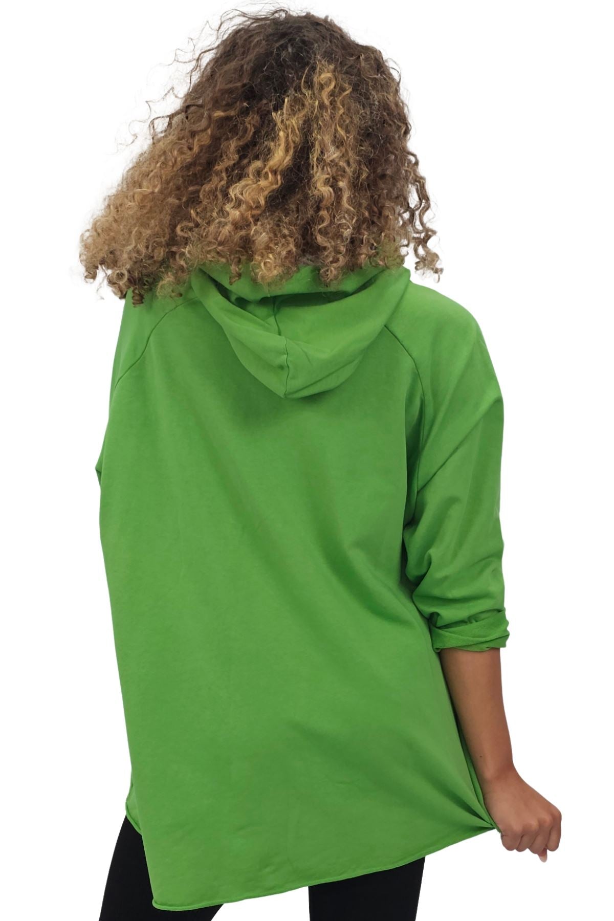 Leopard Foil Splash Print String Hoody High Low Hem Cotton Hoodie