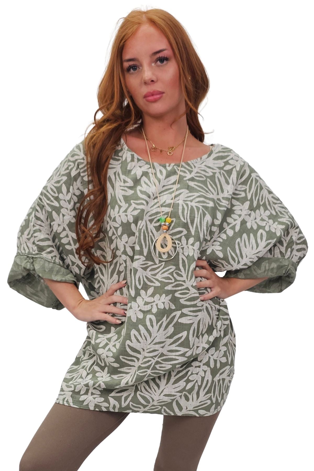 Floral Print Necklace Cotton Tunic Top