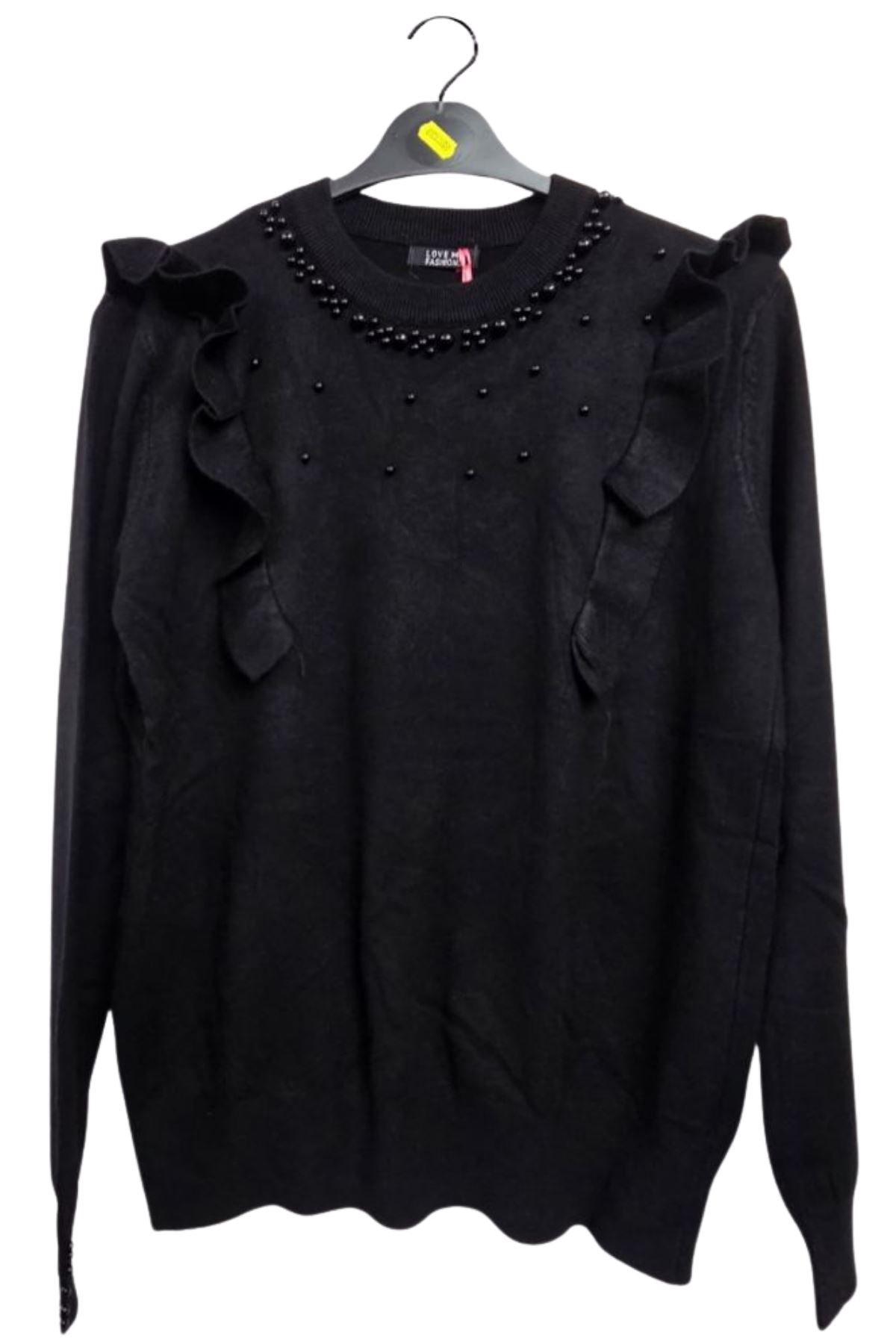 Pearls Side Chest Frill Ribbed Hem Soft Jumper