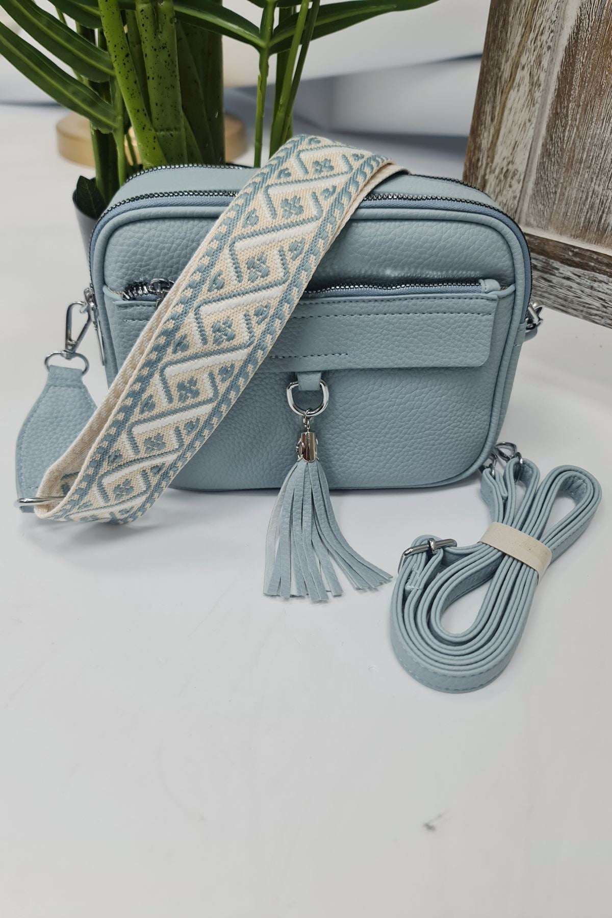 Adjustable Patterned Strap Tassel Shoulder Bag