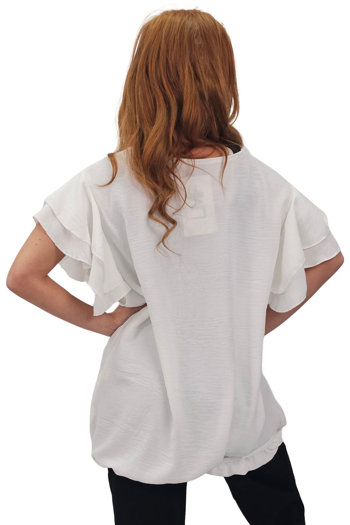 Plain Flutter Sleeves Elastic Hemline Top