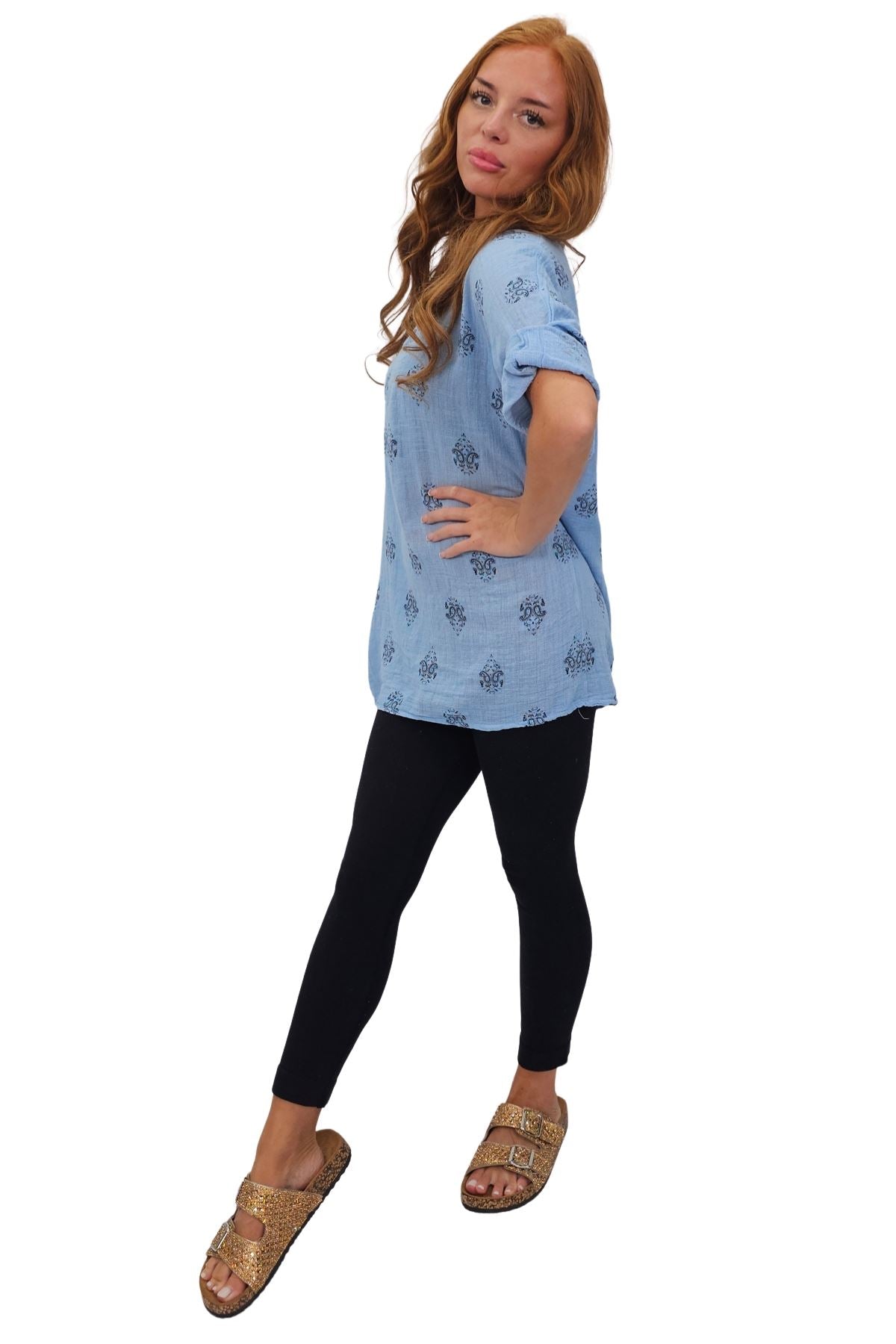 Block Print-Style Motifs Tunic Silhouette Cotton Top