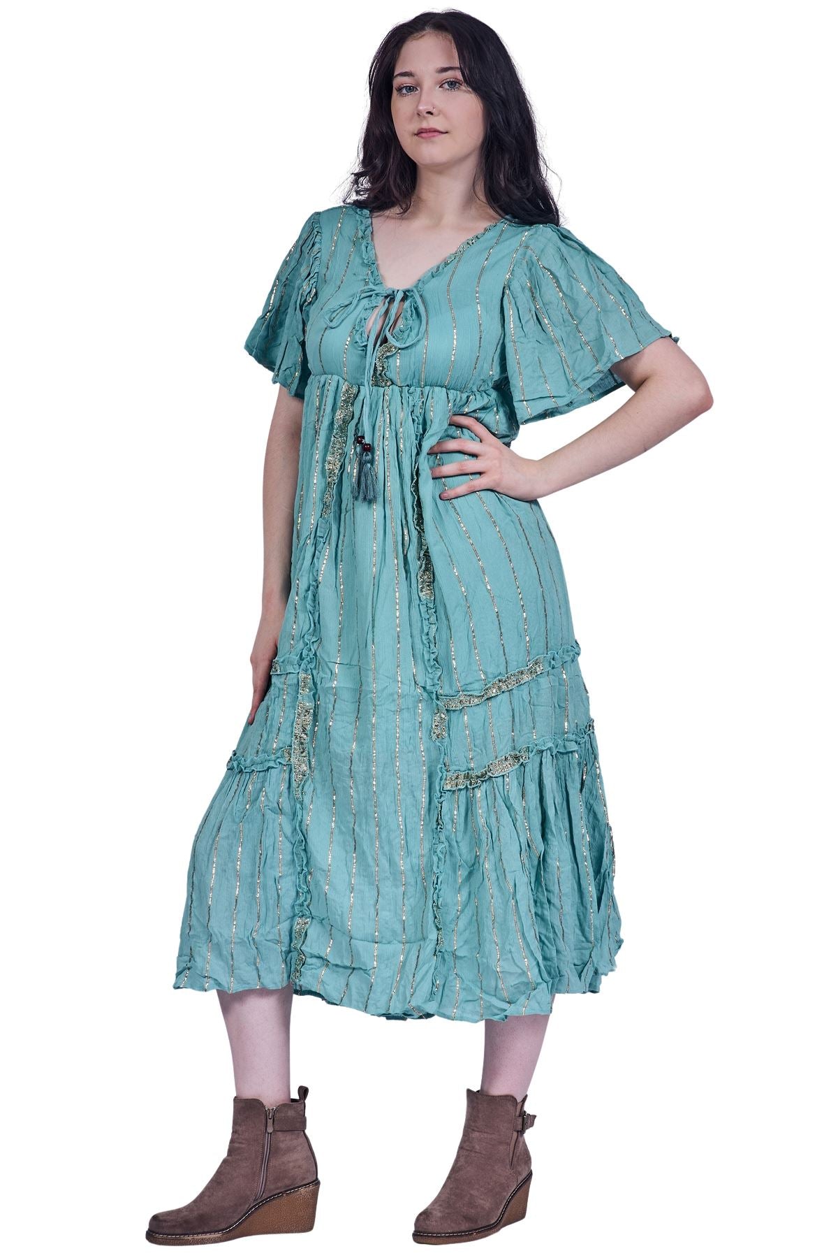 Vertical Metallic Stripe Detailing Pattern Bohemian Chic Dress