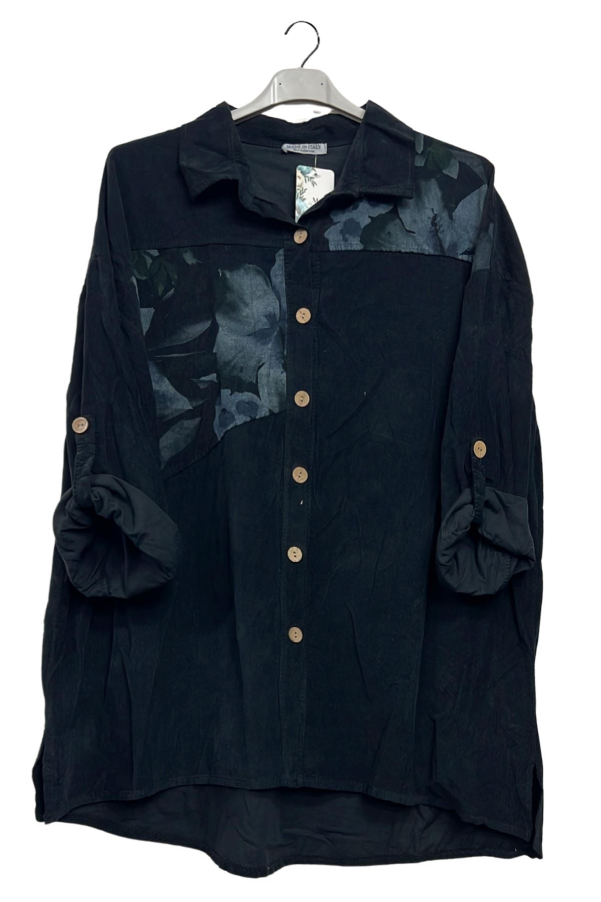 Abstract Floral Patch Print Button-Up High Low Hem Cotton Shirt