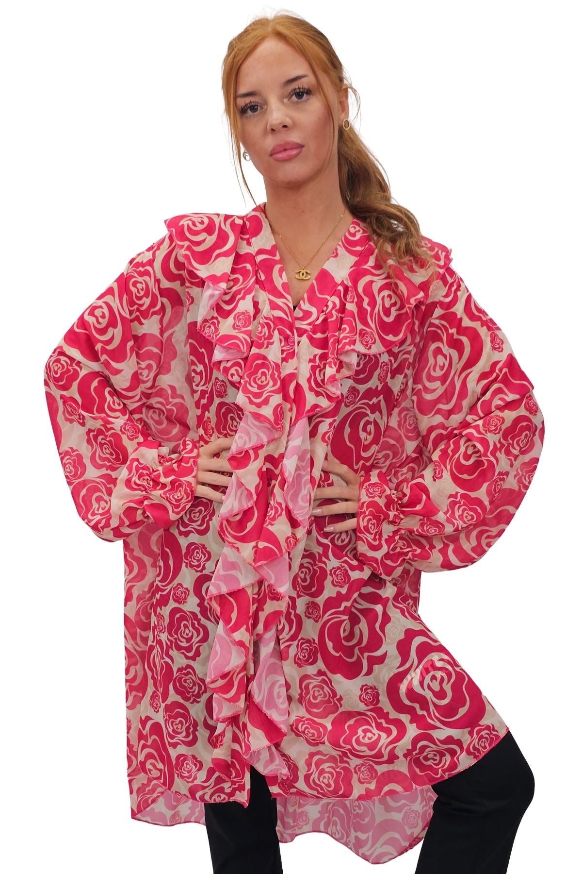 Floral Print Oversized Front Ruffle Top
