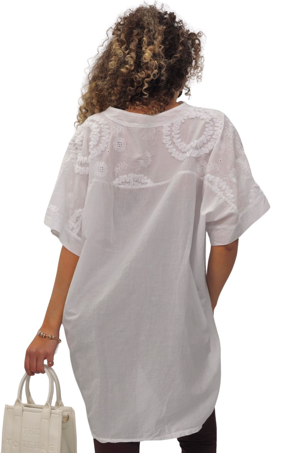 Plain Chest Pocket Lace Embroidered Detailing Cotton Top