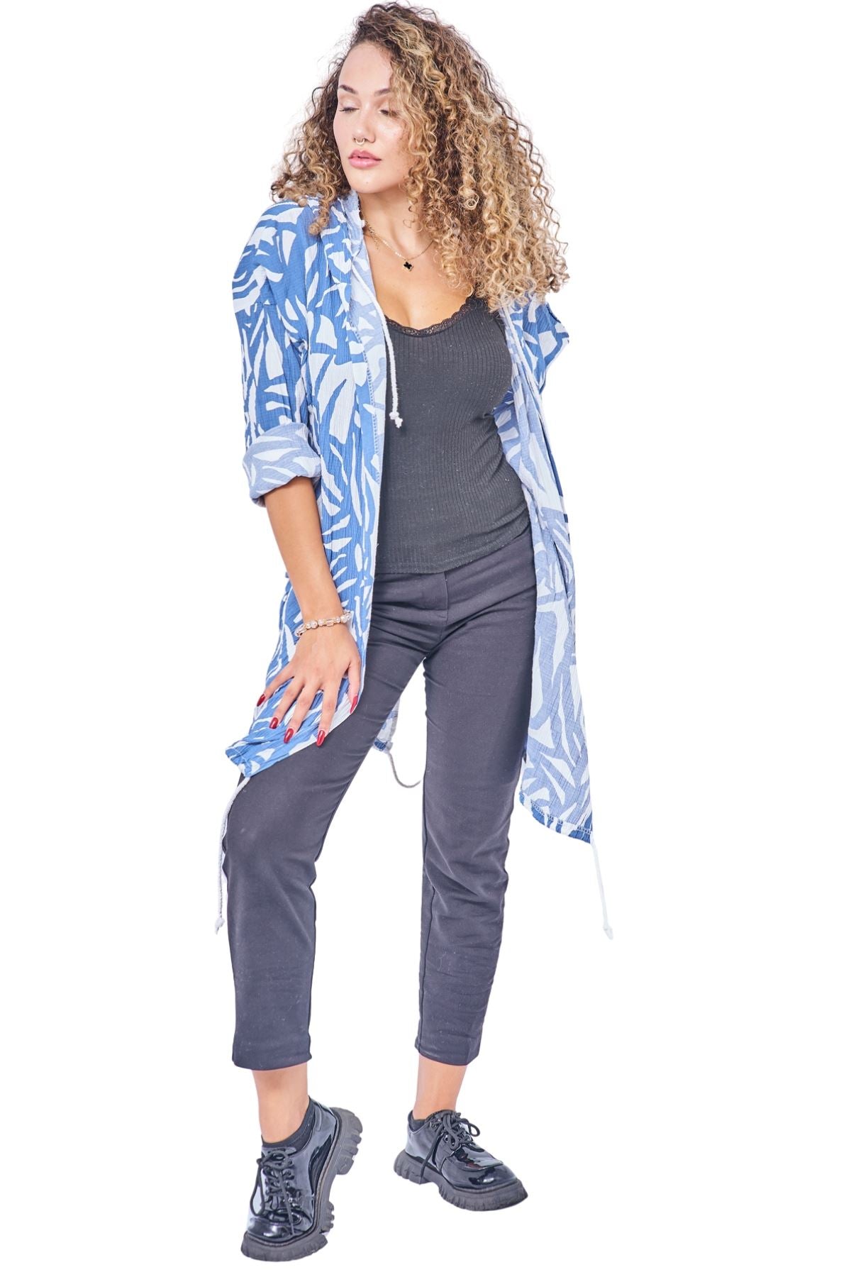 Bold Abstract leaf Print Drawstring Tie Front Cardigan