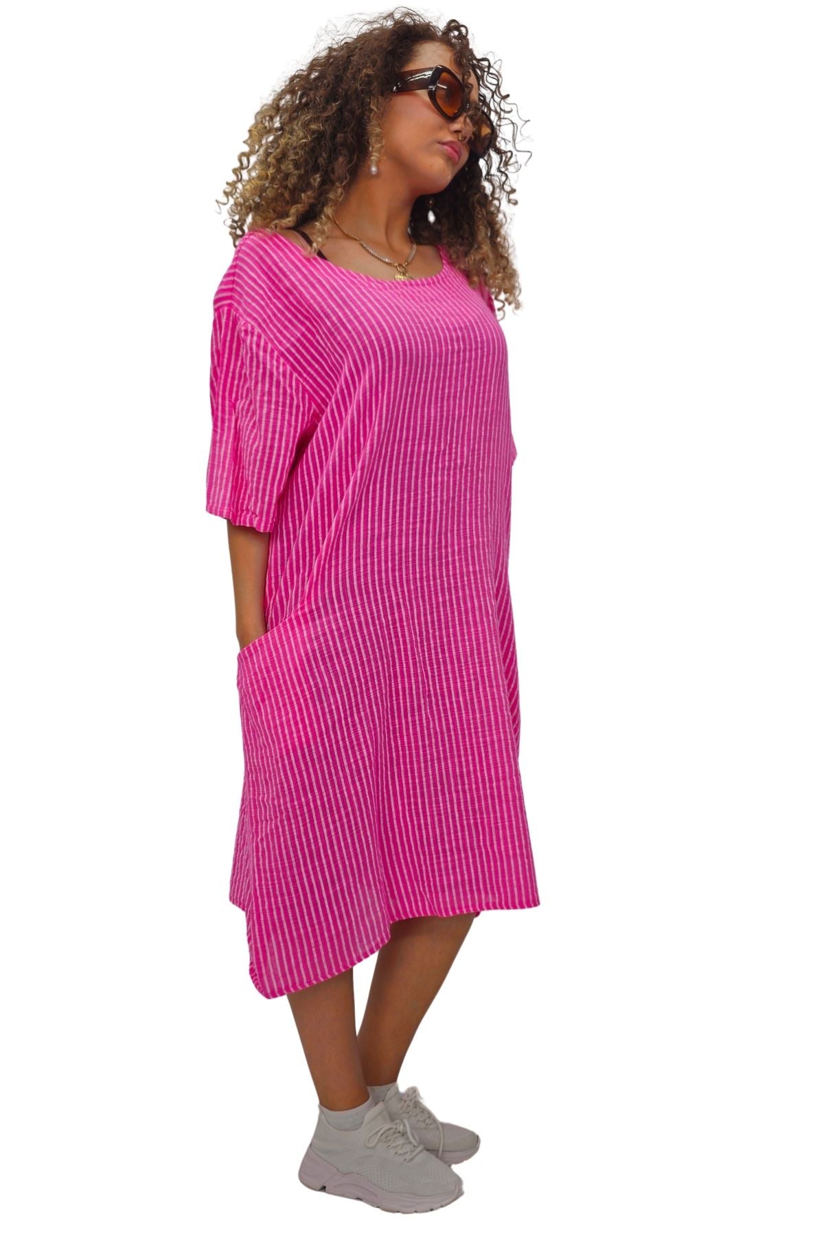 Vertical Stripes Print Two Side Pockets Cotton Dress