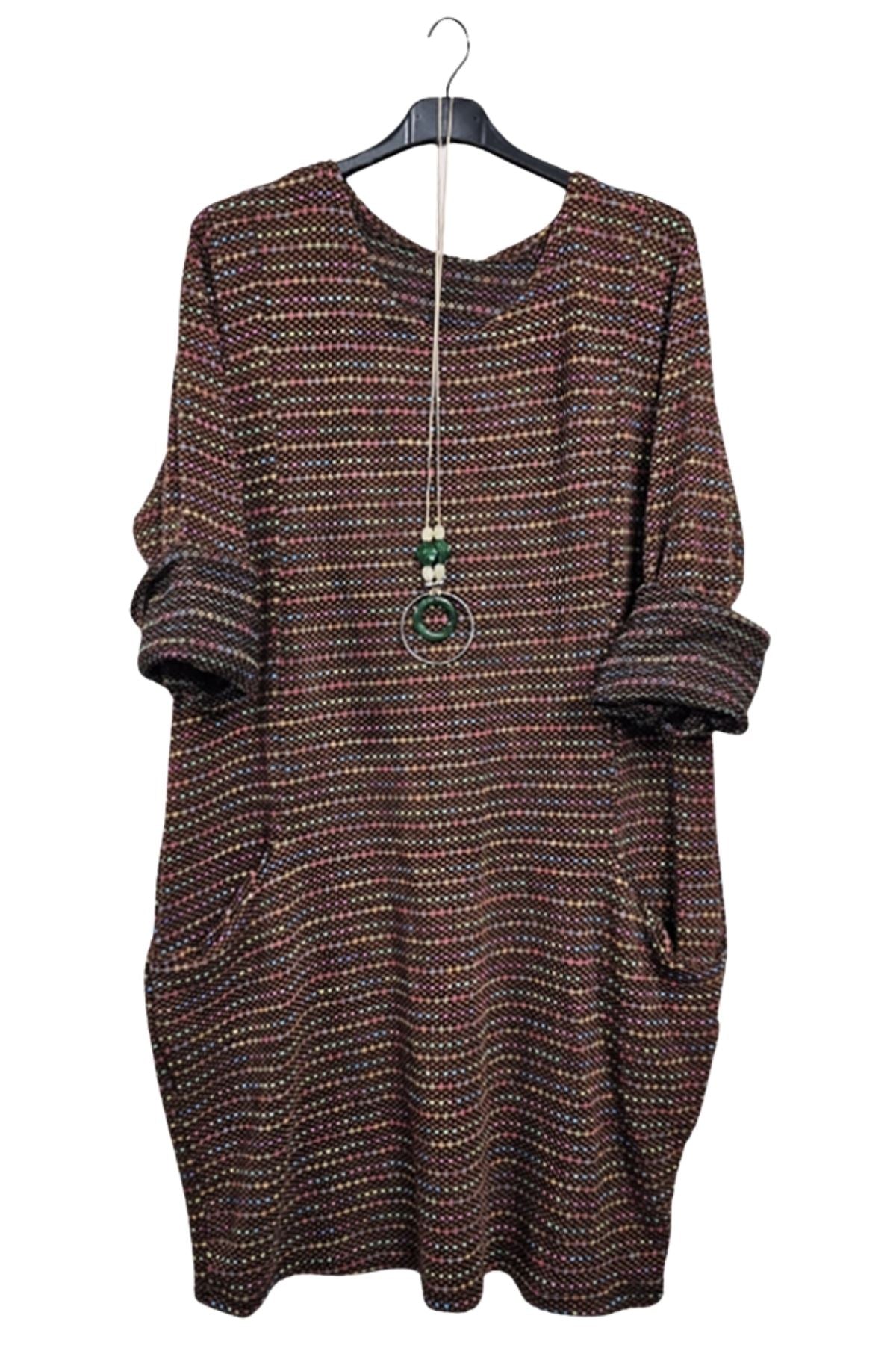 Multicoloured Stripes Front Pockets Necklace Dress