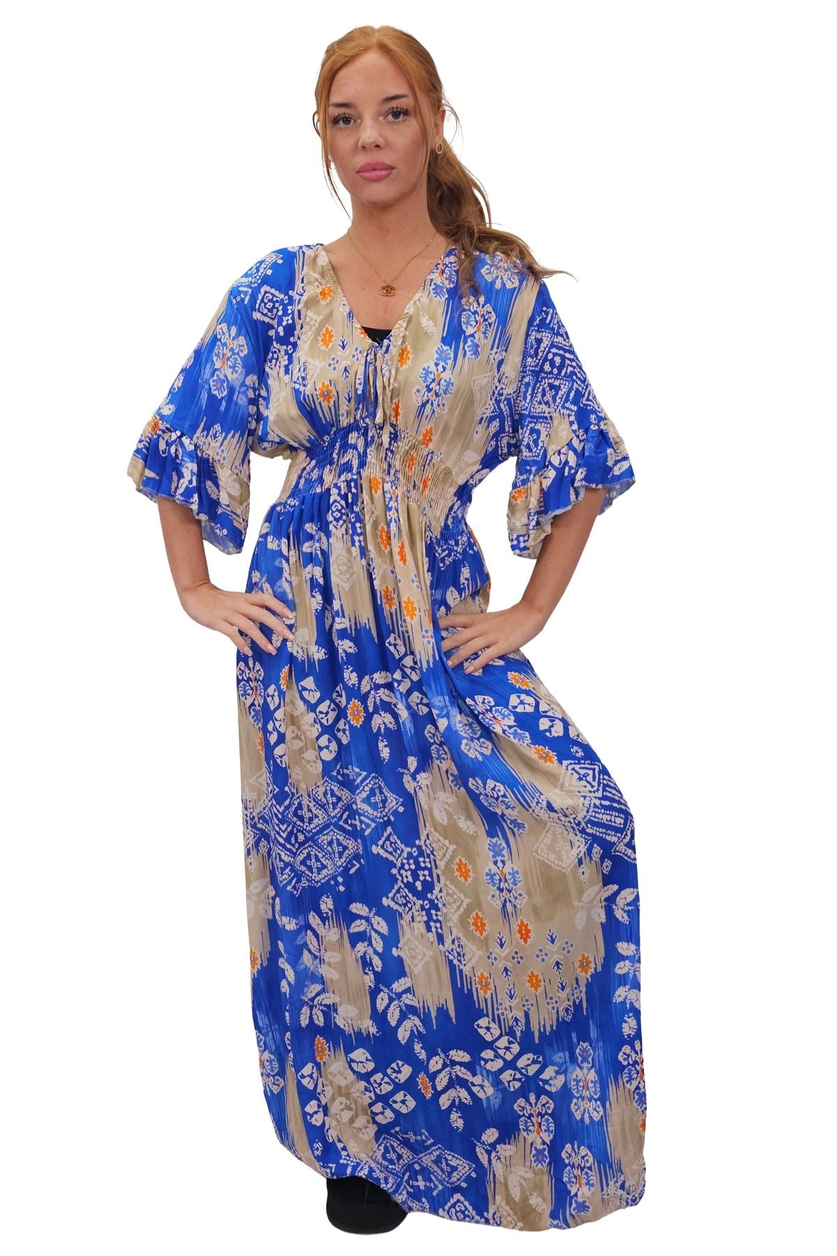 Leaves Print Gathered Waist Dress
