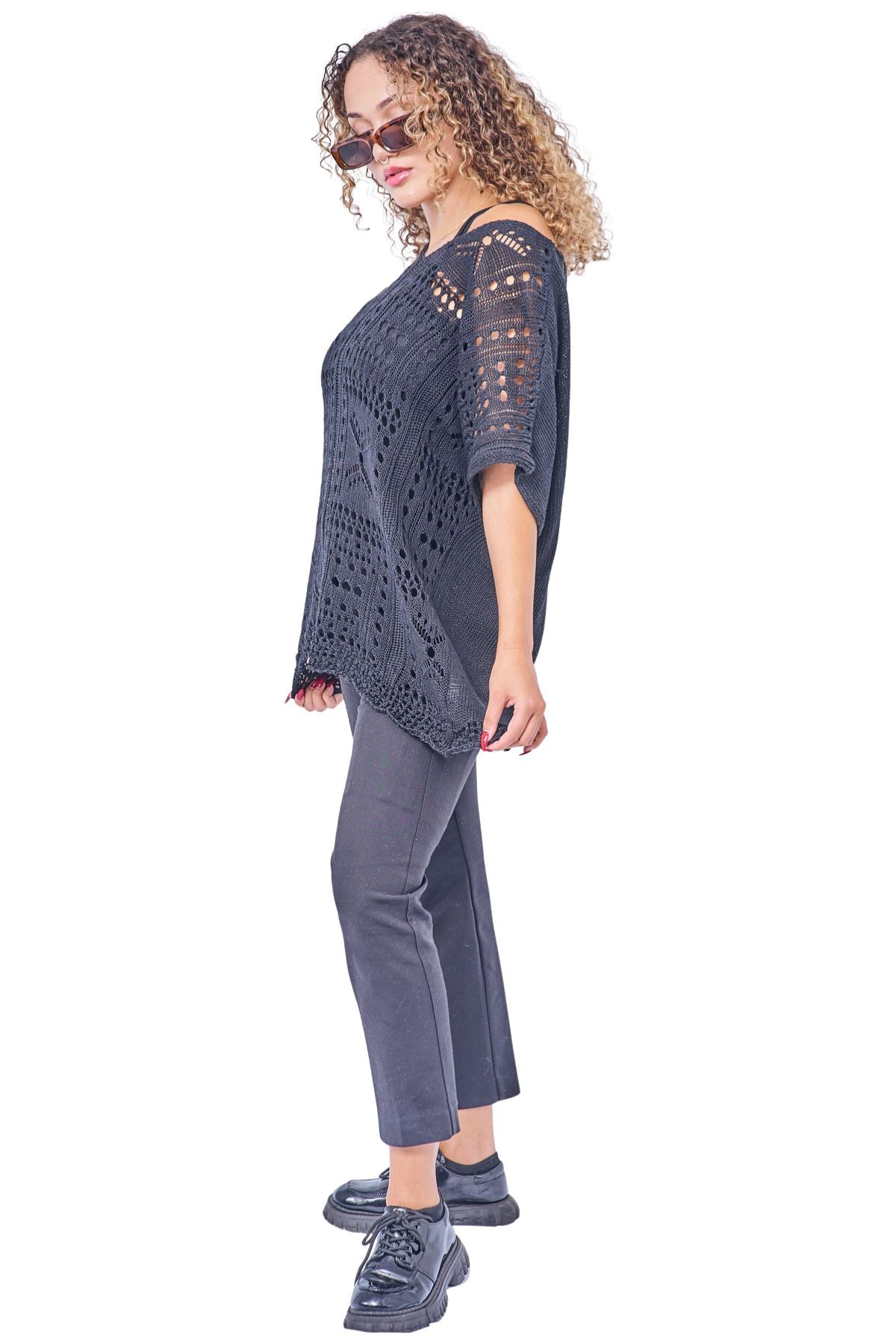 Crocheted Openwork Design Tunic Cotton Top