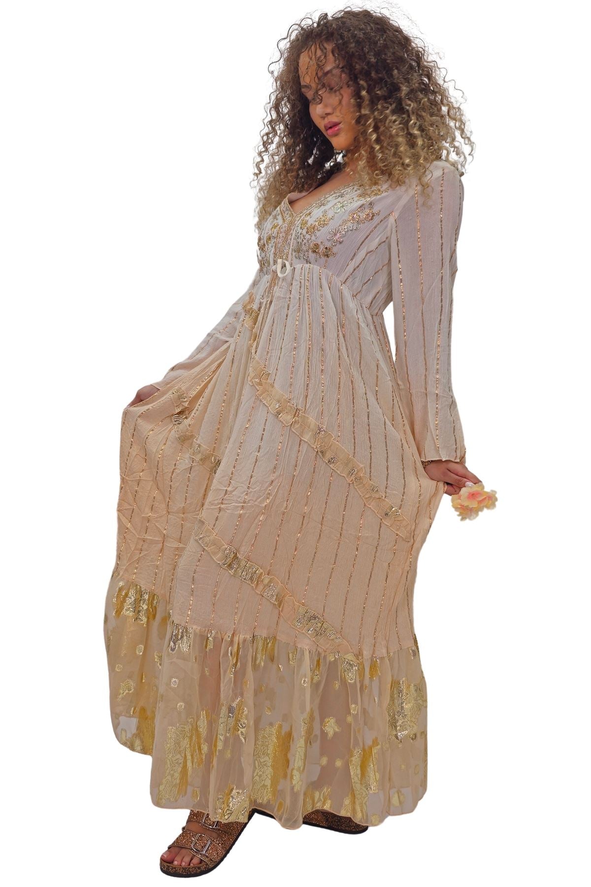 Floral Sequin Cinched Waist With Tie Detail Dress