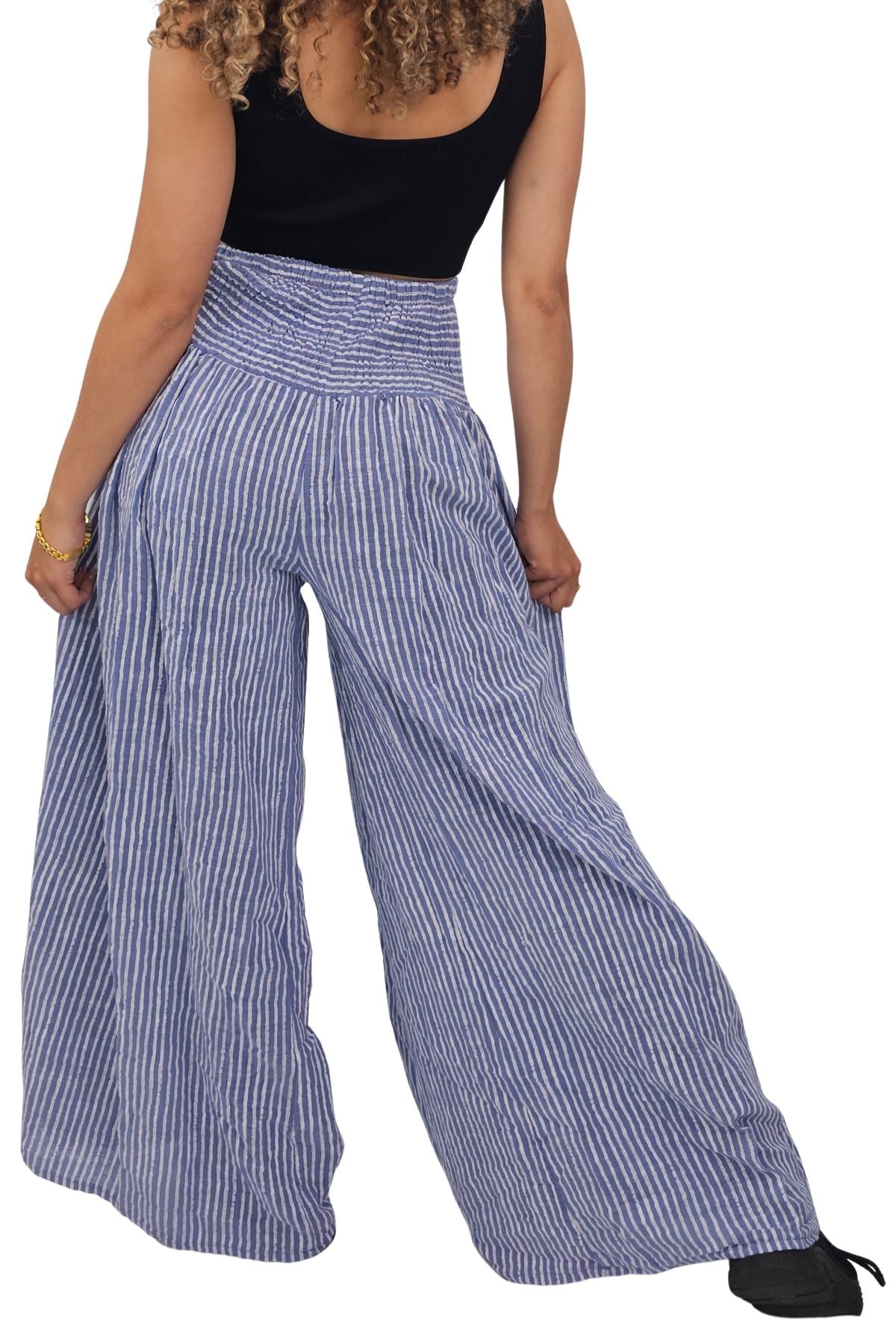 Vertical Stripes Print Smocked Waistband Wide Leg Cotton Palazzo
