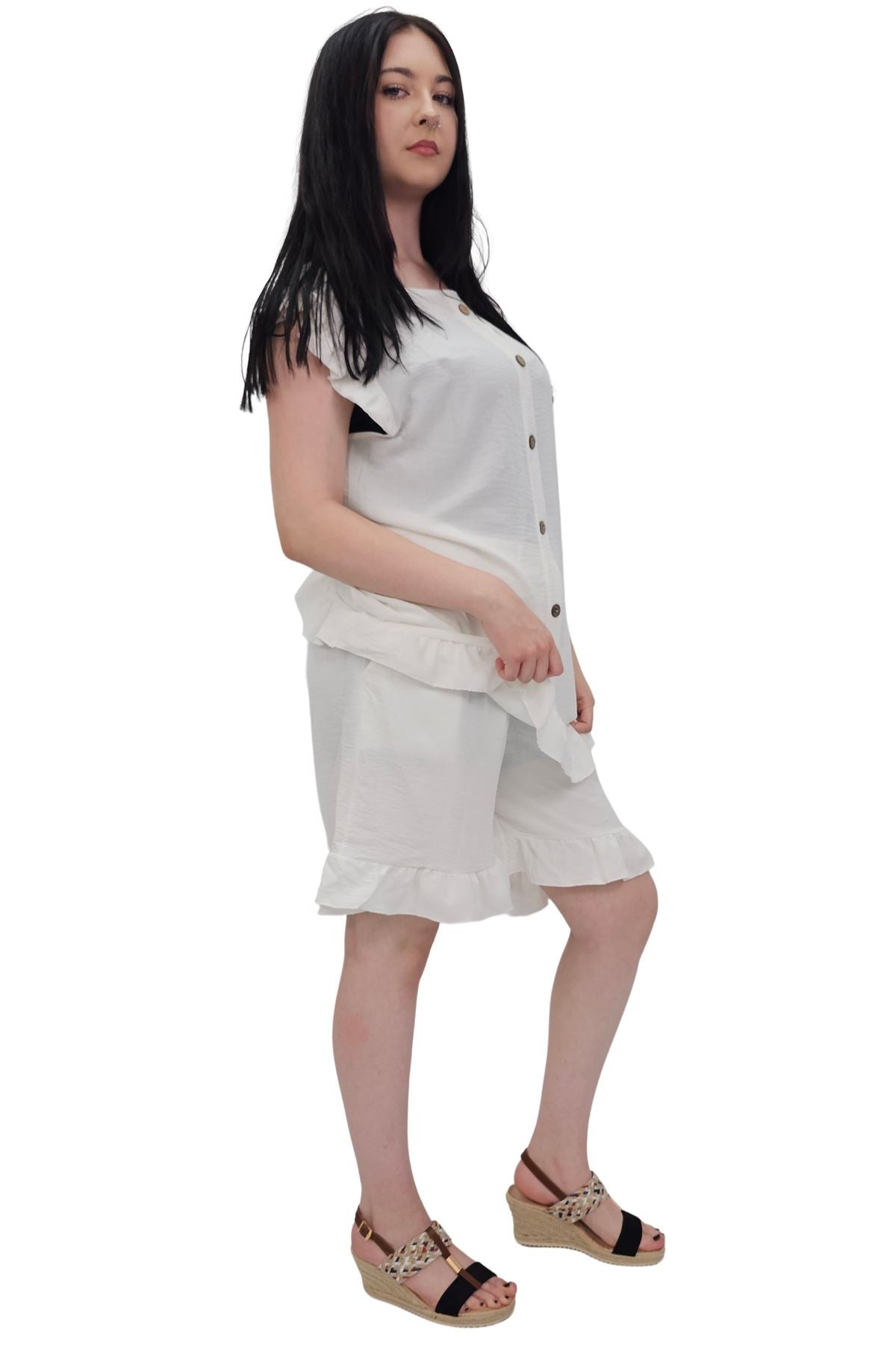Plain Sleeveless Ruffle-Trimmed Co-Ord Set