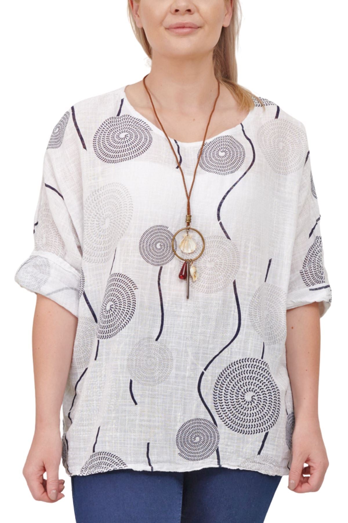 Stripe Mandala Print Necklace Cotton Top