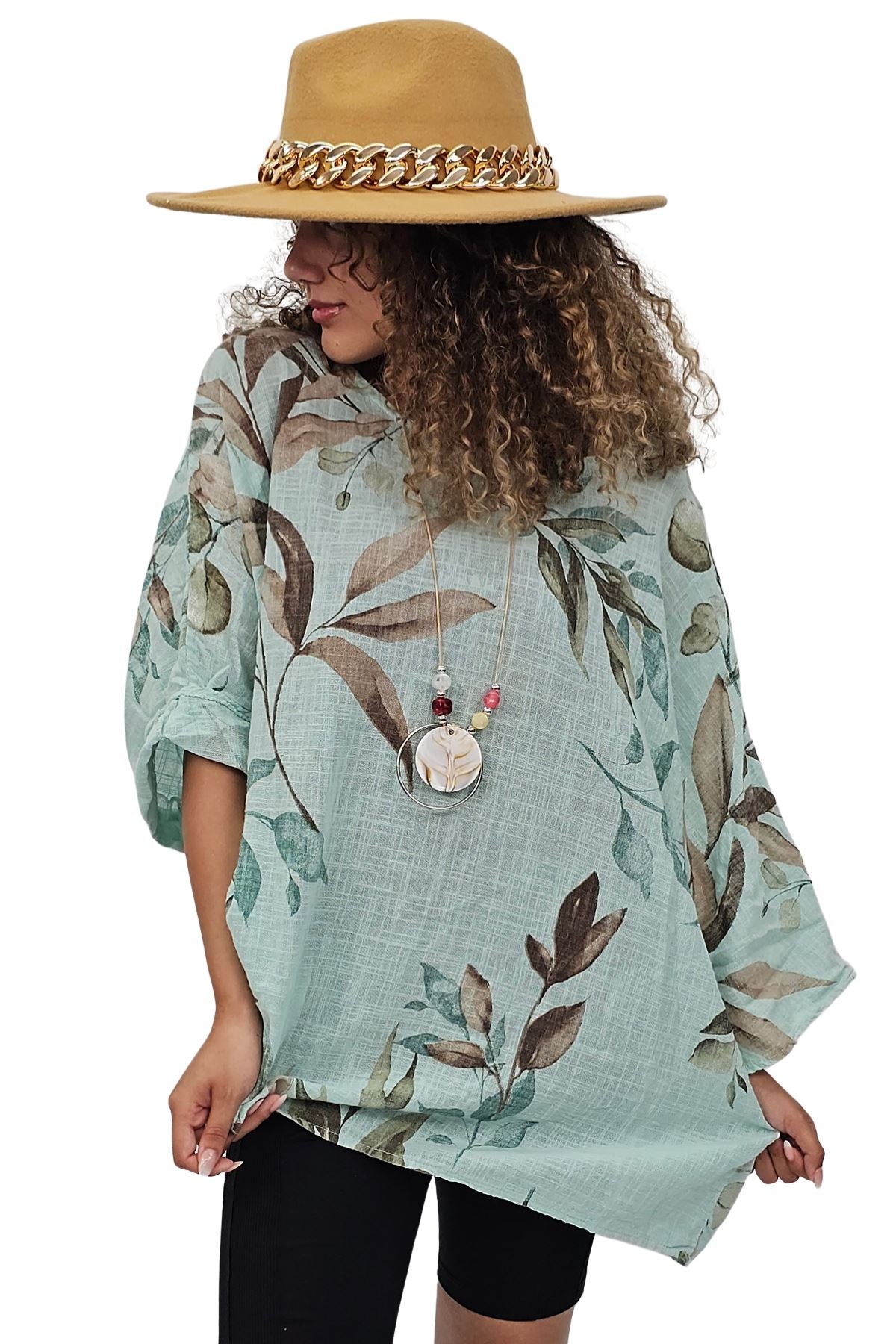 Floral Print Oversized Necklace Tunic Cotton Top
