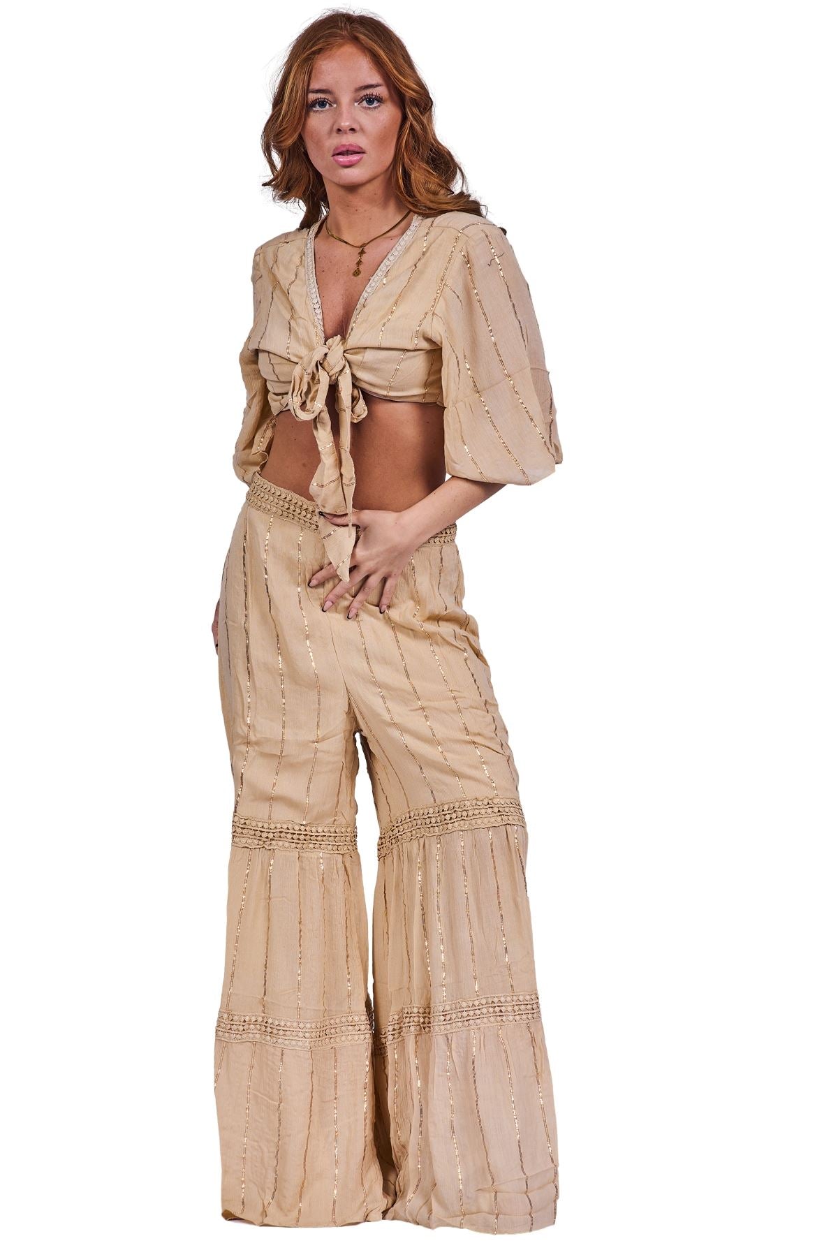Vertical Metallic Accents Stripes Bohemian Style Co-Ord