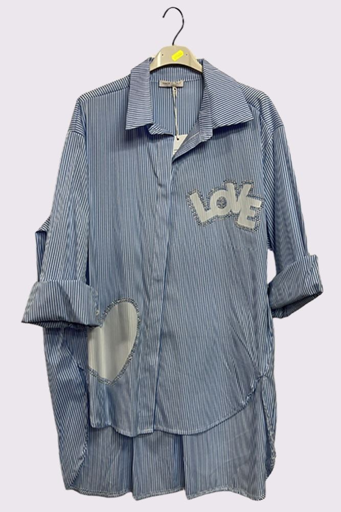 Stripe Print Love Heart Rhinestone Cotton Shirt