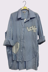 Stripe Print Love Heart Rhinestone Cotton Shirt
