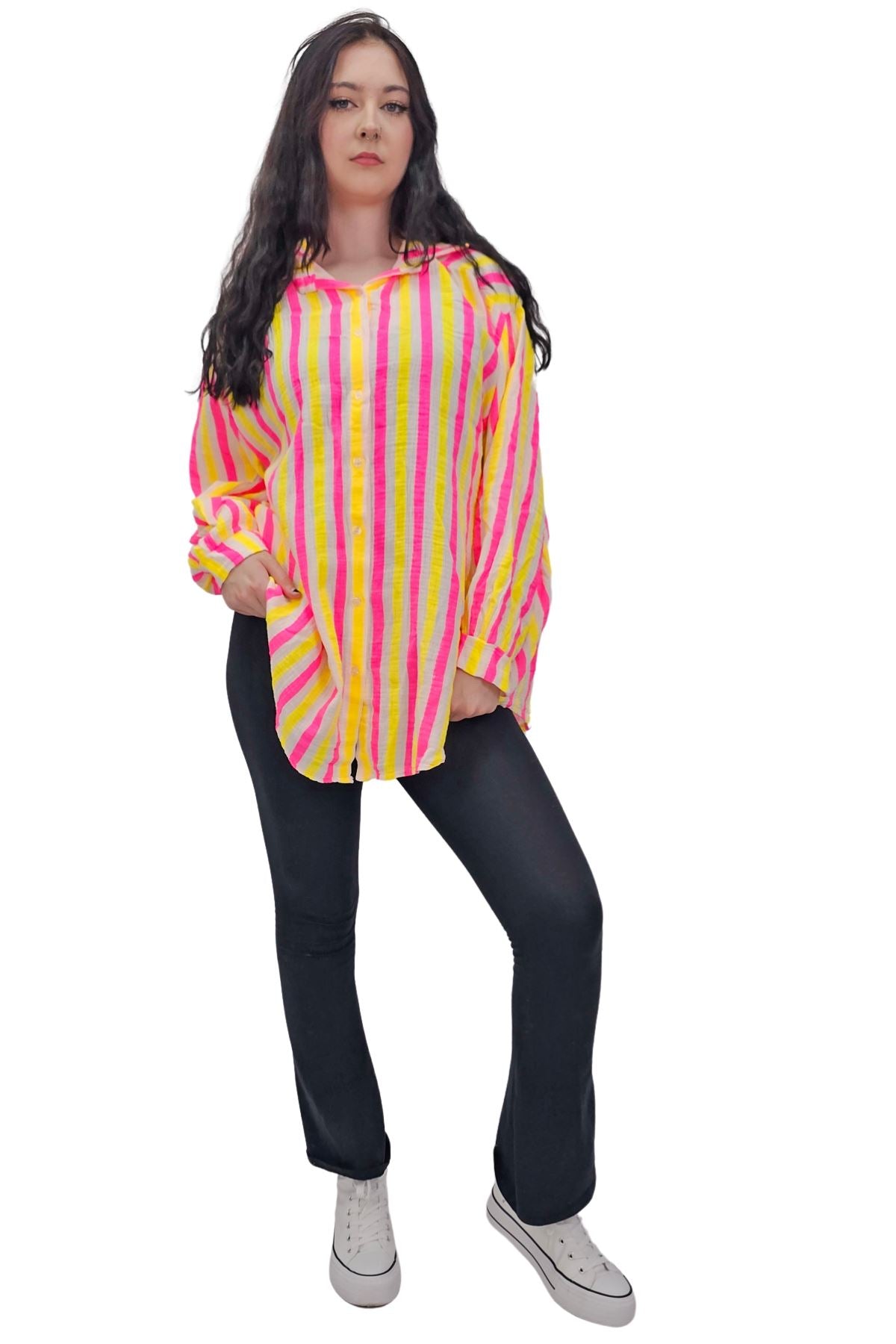 Vertical Stripes In Alternating Shades Button-Down Cotton Shirt