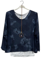 Tie Dye Print Layered Hem Necklce Cotton Top