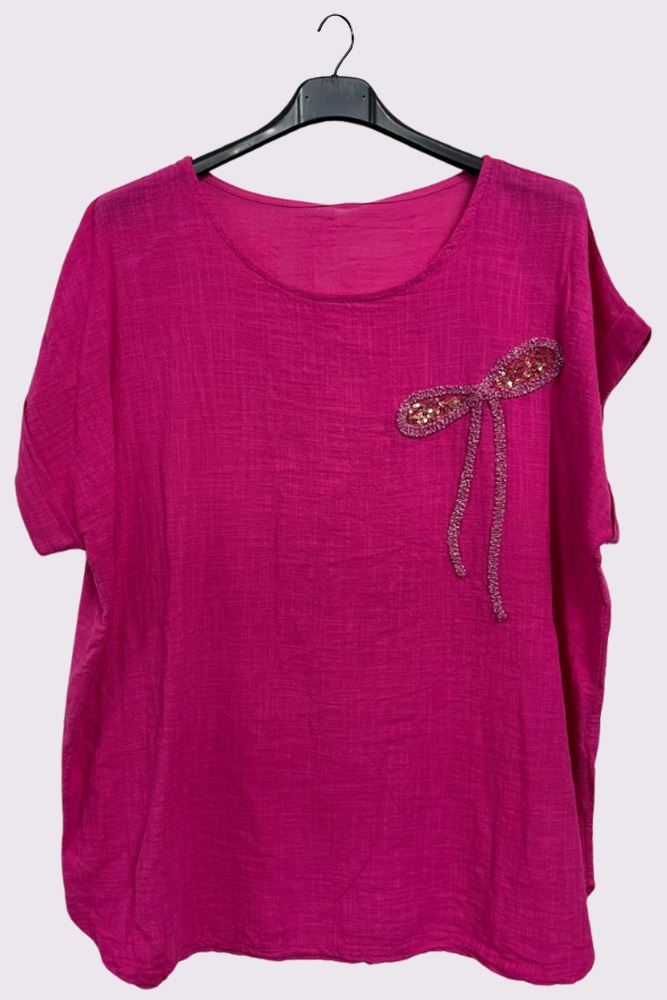 Textured Embroidered Sequin Curved Hem Cotton Top