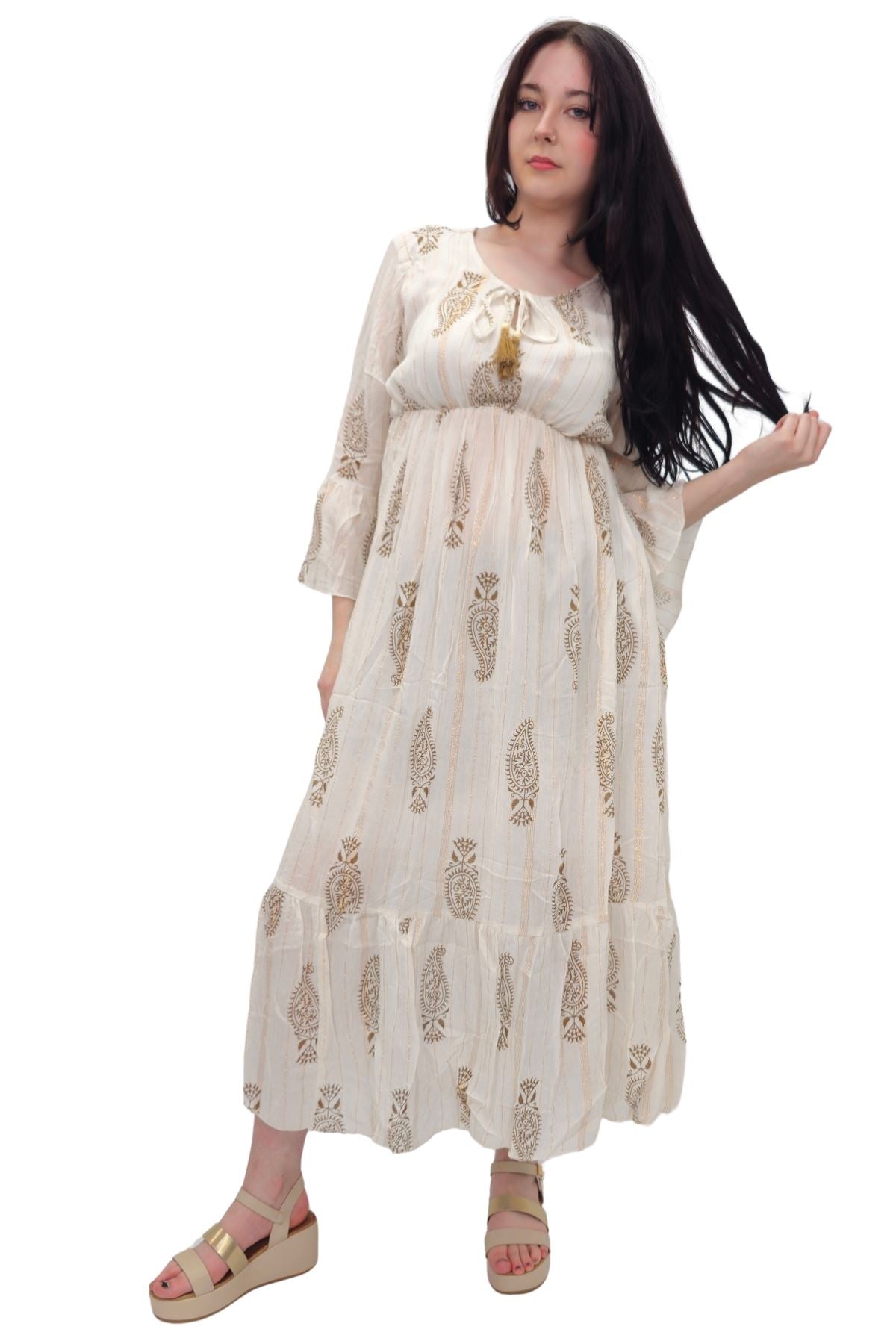 Paisley Print Round Neckline with Keyhole Tassel String Dress