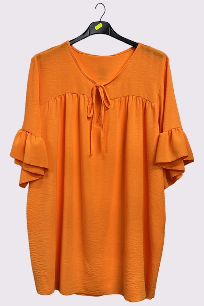 Plain Tie Neck Ruffle Sleeve Top