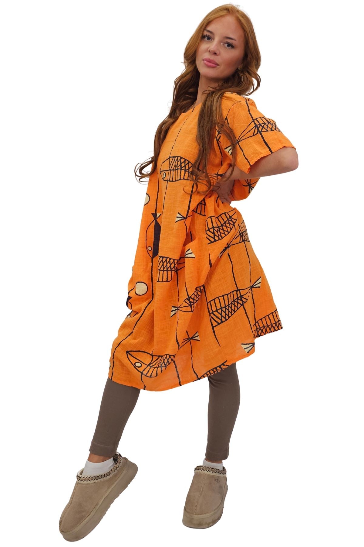 Fish Stripe Print Front Two Pockets Cotton Dress
