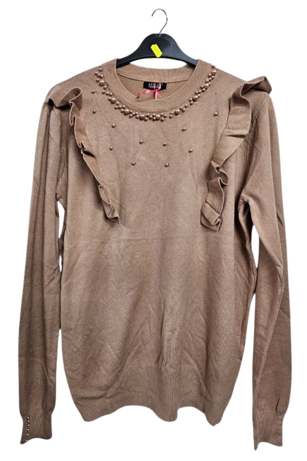 Pearls Side Chest Frill Ribbed Hem Soft Jumper