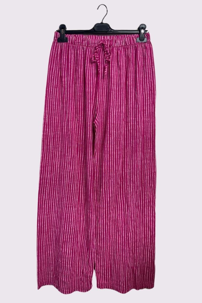 Stripe Print Elasticated Waistband Wide Leg Cotton Trousers