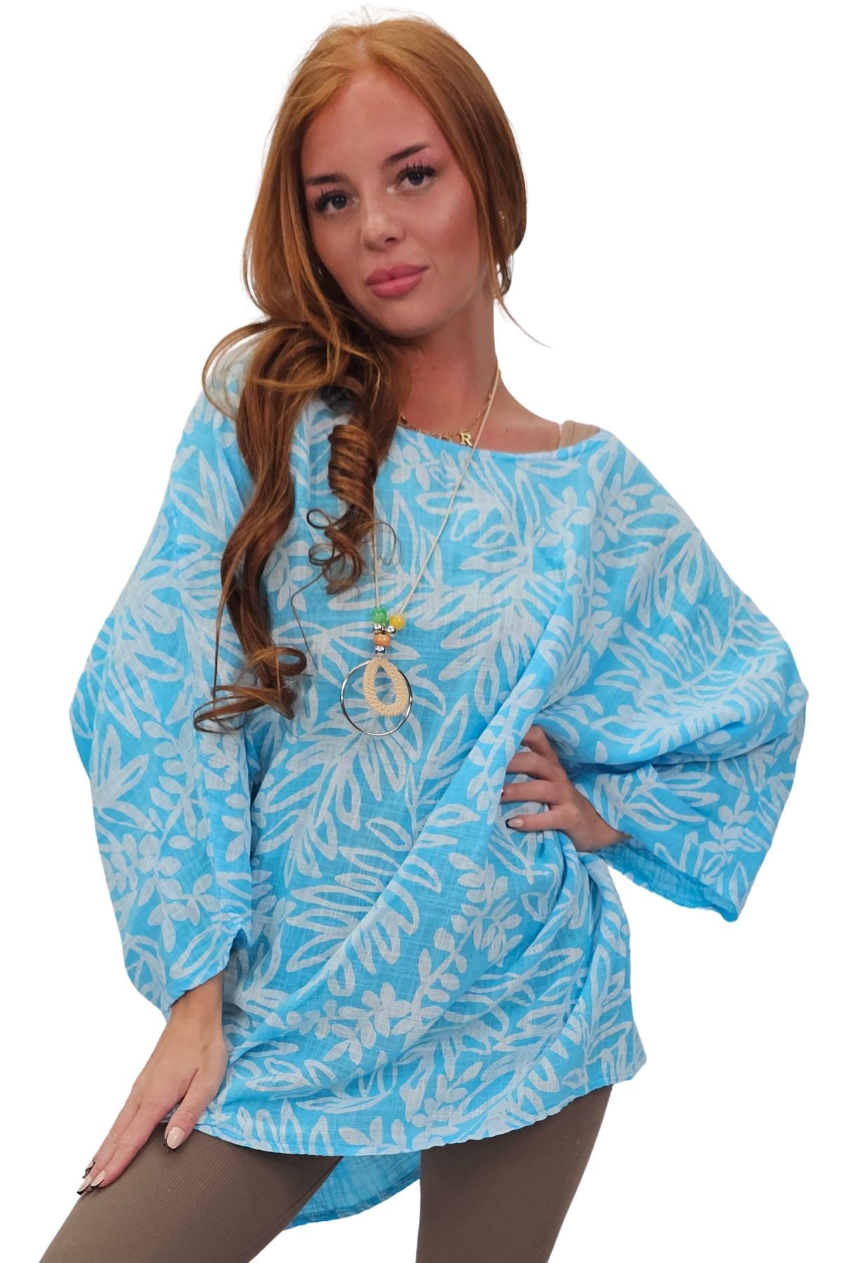 Floral Print Necklace Cotton Tunic Top