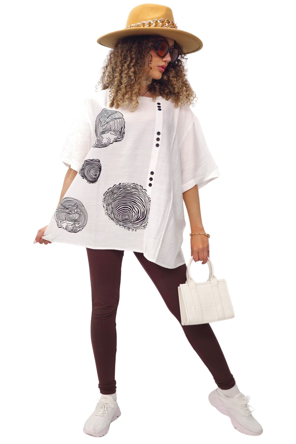 Tree Ring Print Front Button Detail Cotton Top