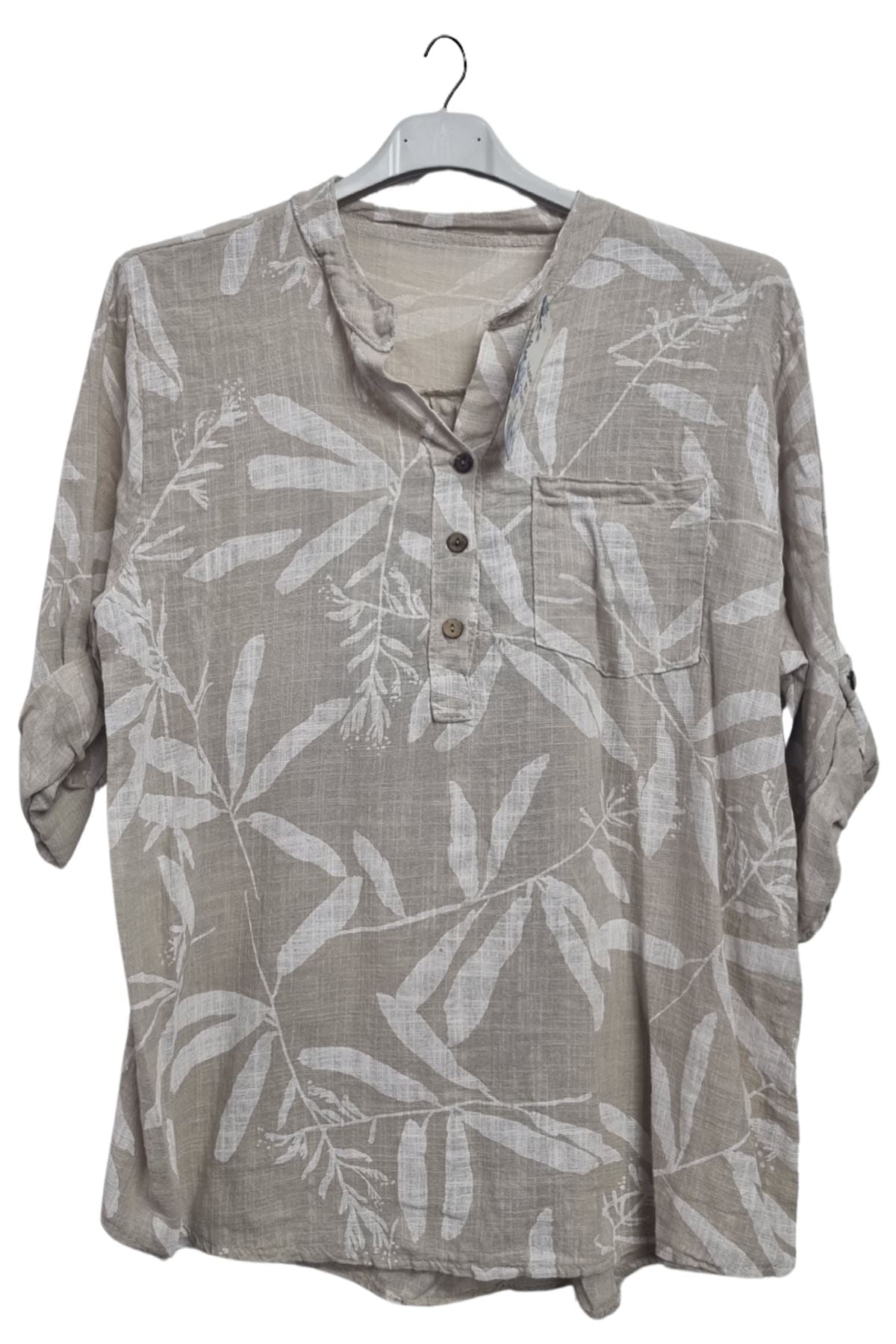 Leaf Print Chest Pocket Cotton Top