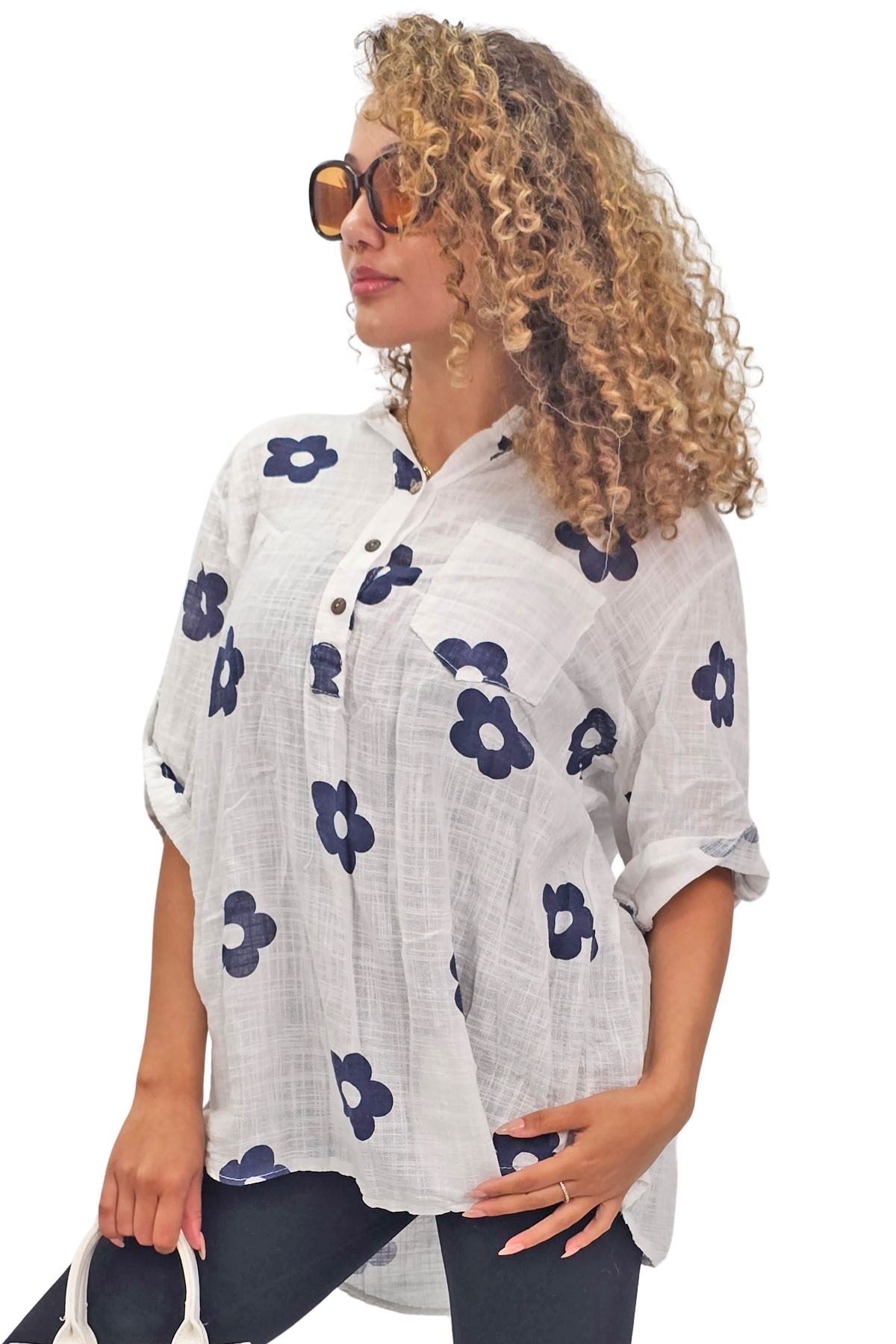 Floral Print Single Chest Pocket Cotton Top
